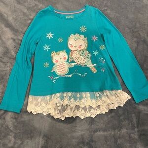 Cynthia Rowley Teal Owl Long Sleeve Shirt with Lace Hem